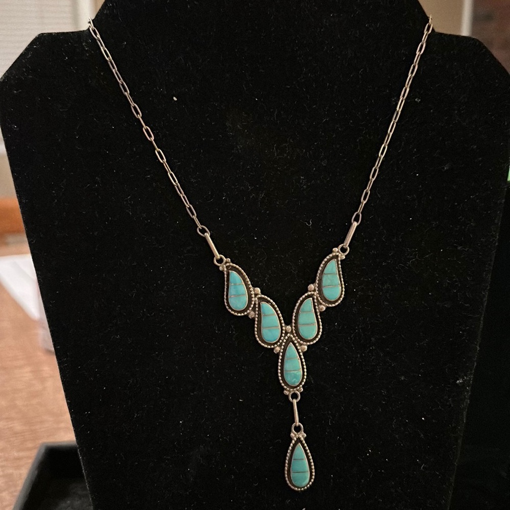Vintage Turquoise and sterling silver Zuni inlay teardrop necklace